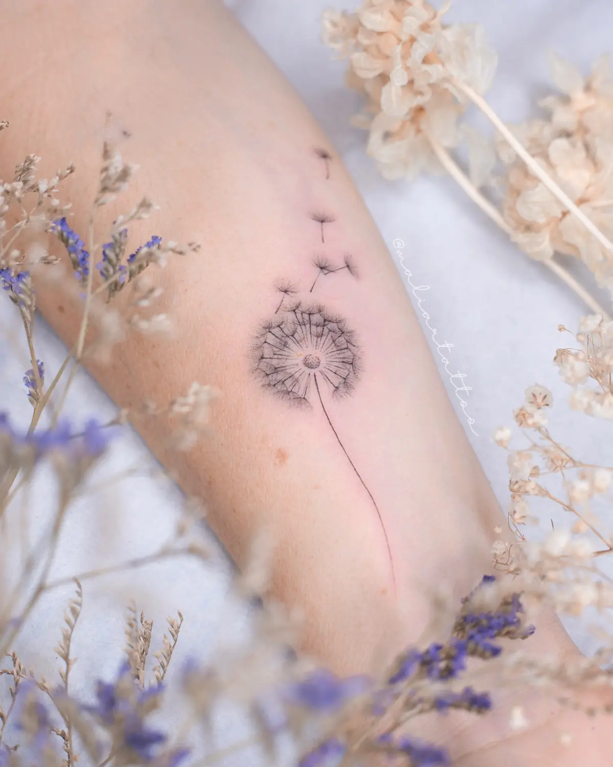 Diente de león, tatuaje de línea fina, botánica